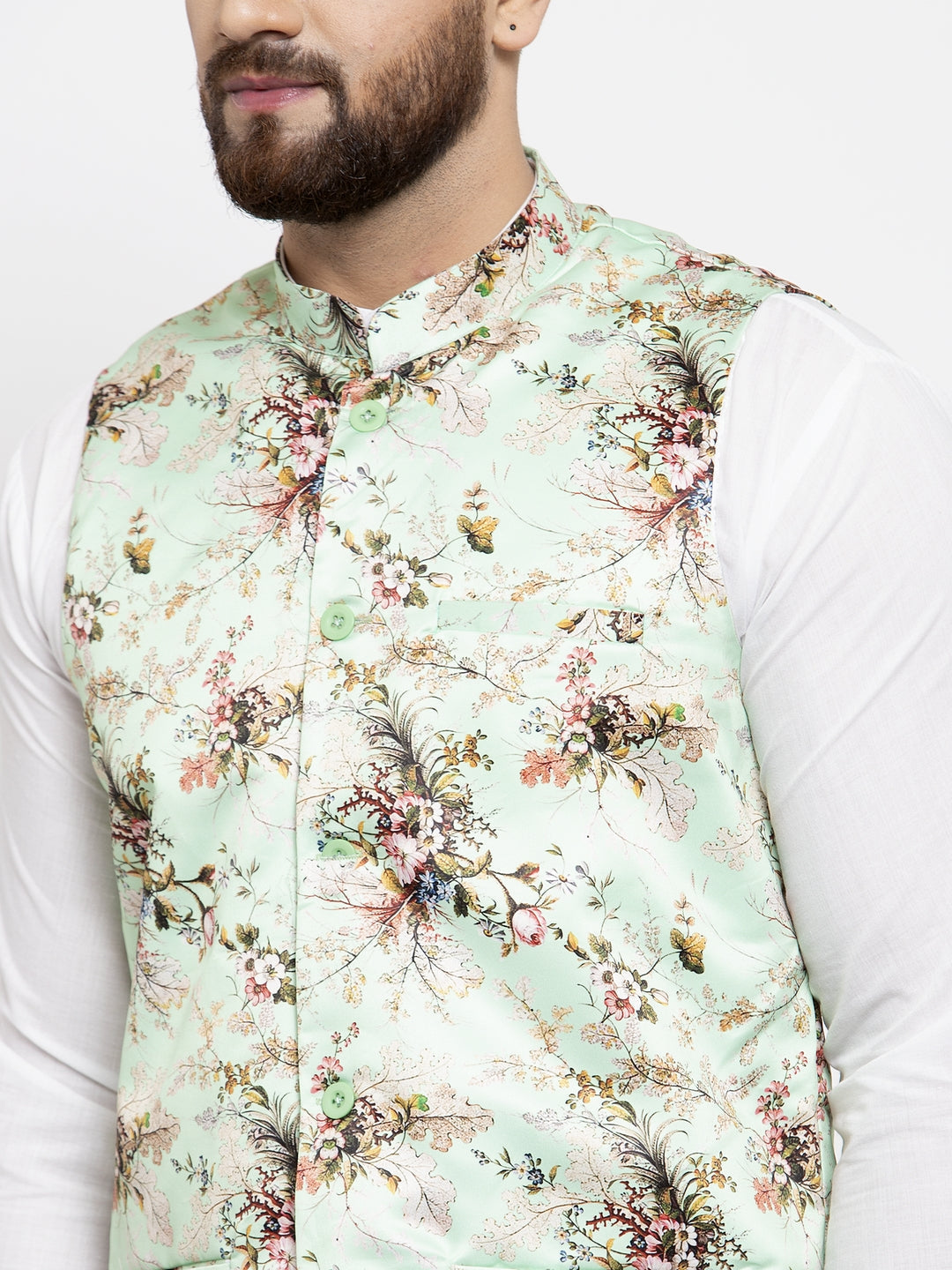 Jompers Men Solid Cotton Kurta Pajama with Printed Waistcoat (Lime-W) | Grocsy