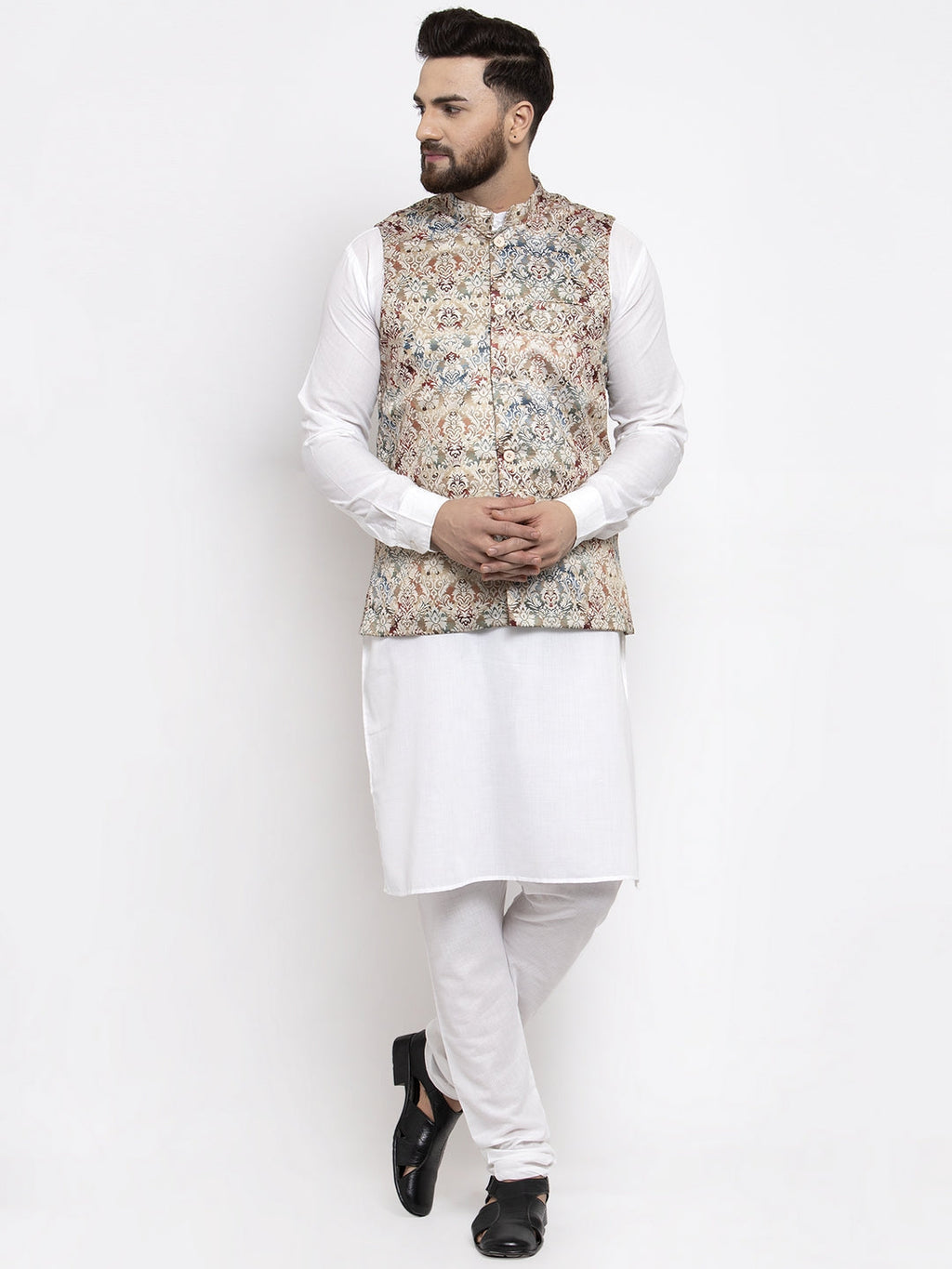 Jompers Men's Solid Cotton Kurta Pajama with Printed Waistcoat (Multi-W) | Grocsy