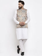 Jompers Men's Solid Cotton Kurta Pajama with Printed Waistcoat (Multi-W) | Grocsy