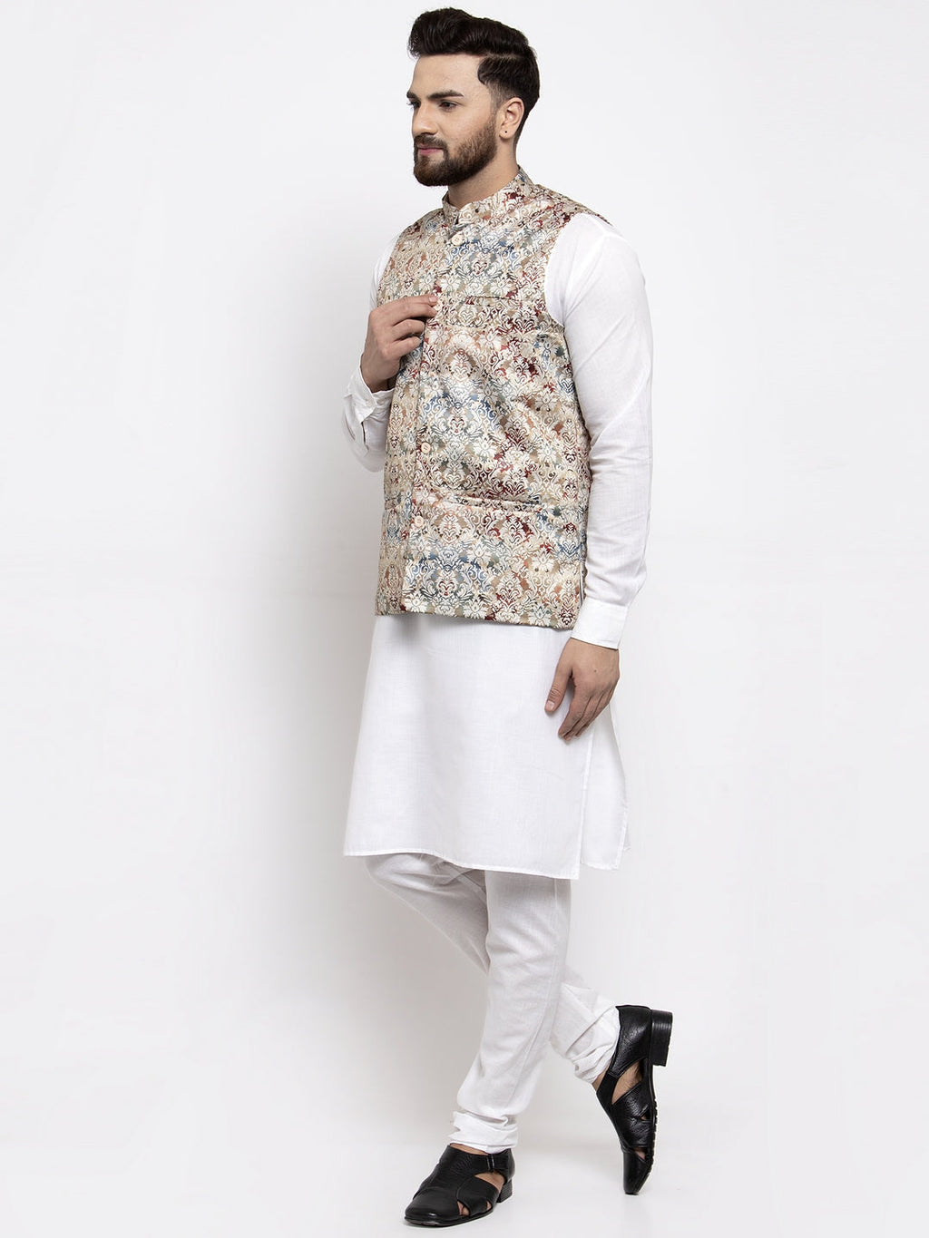 Jompers Men's Solid Cotton Kurta Pajama with Printed Waistcoat (Multi-W) | Grocsy