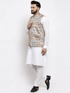 Jompers Men's Solid Cotton Kurta Pajama with Printed Waistcoat (Multi-W) | Grocsy