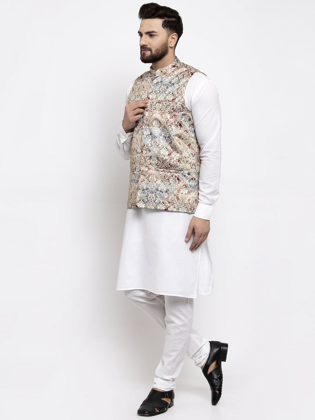 Jompers Men's Solid Cotton Kurta Pajama with Printed Waistcoat (Multi-W) | Grocsy