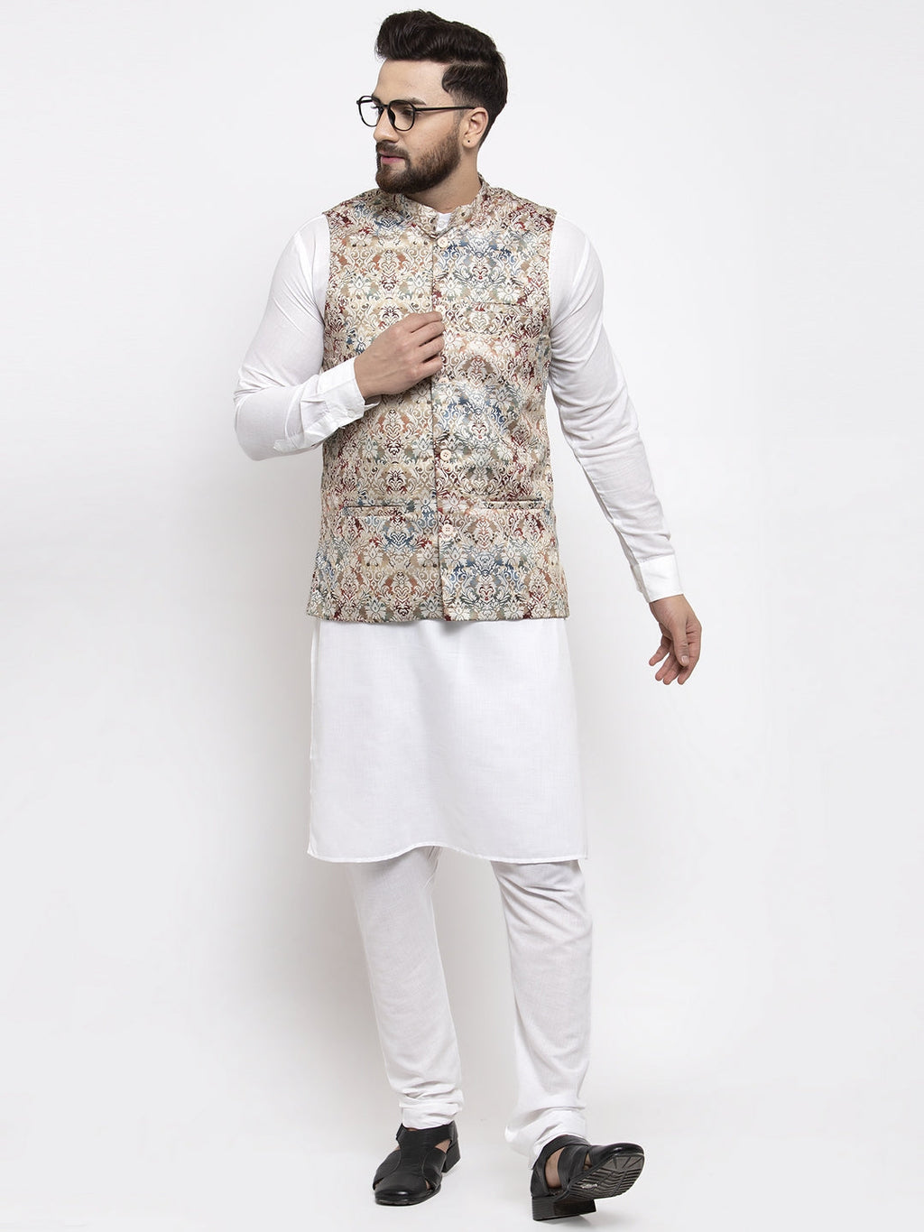 Jompers Men's Solid Cotton Kurta Pajama with Printed Waistcoat (Multi-W) | Grocsy