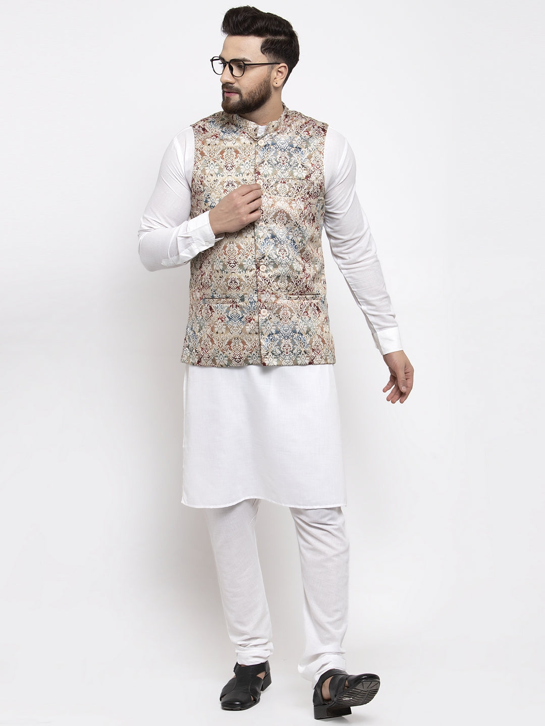 Jompers Men's Solid Cotton Kurta Pajama with Printed Waistcoat (Multi-W) | Grocsy