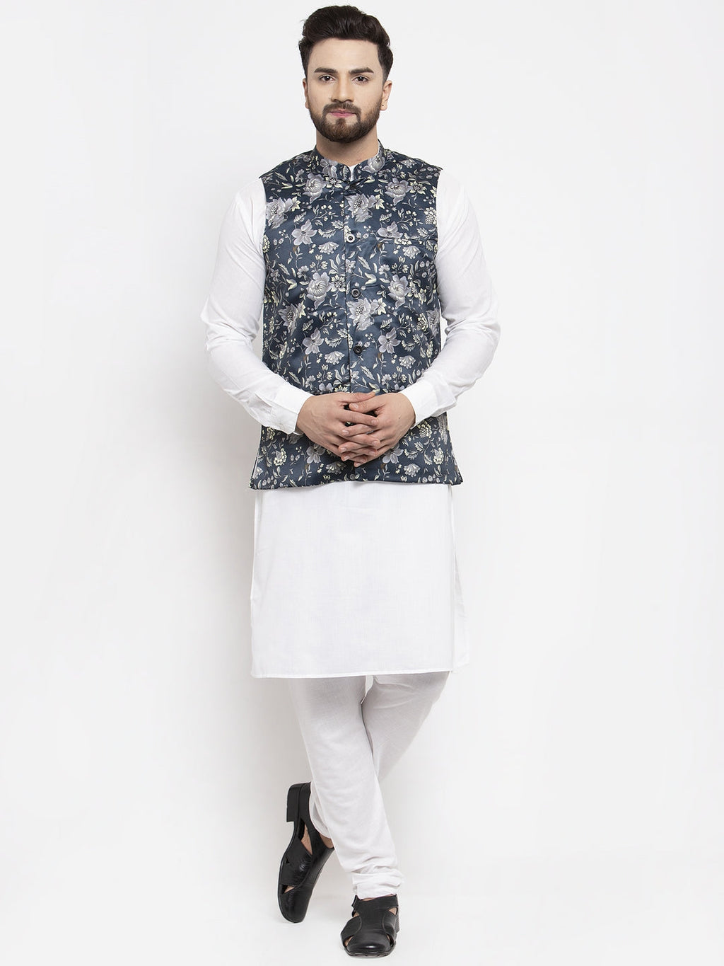 Jompers Men's Solid Cotton Kurta Pajama with Printed Waistcoat (Navy-W) | Grocsy