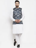 Jompers Men's Solid Cotton Kurta Pajama with Printed Waistcoat (Navy-W) | Grocsy