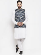 Jompers Men's Solid Cotton Kurta Pajama with Printed Waistcoat (Navy-W) | Grocsy