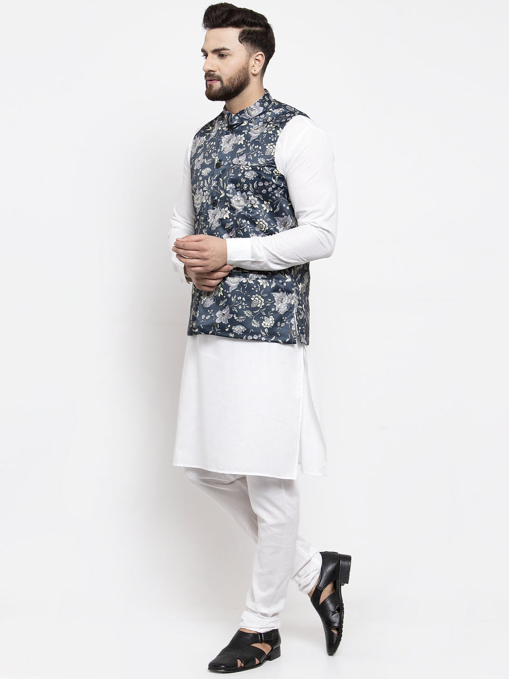 Jompers Men's Solid Cotton Kurta Pajama with Printed Waistcoat (Navy-W) | Grocsy
