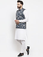Jompers Men's Solid Cotton Kurta Pajama with Printed Waistcoat (Navy-W) | Grocsy