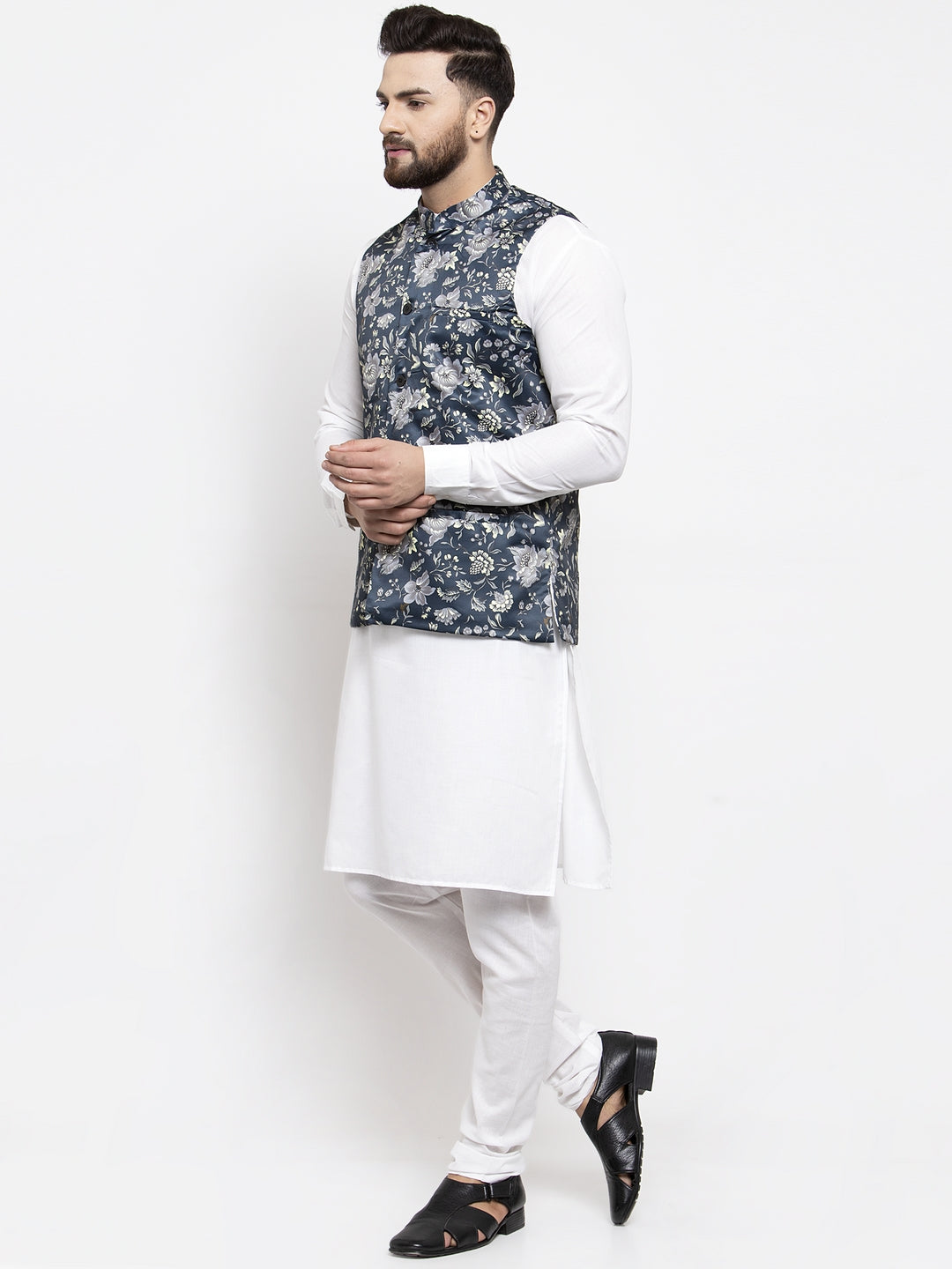 Jompers Men's Solid Cotton Kurta Pajama with Printed Waistcoat (Navy-W) | Grocsy