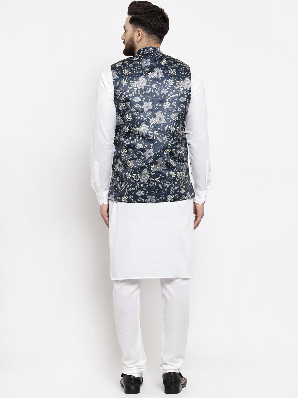 Jompers Men's Solid Cotton Kurta Pajama with Printed Waistcoat (Navy-W) | Grocsy