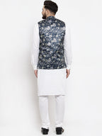 Jompers Men's Solid Cotton Kurta Pajama with Printed Waistcoat (Navy-W) | Grocsy