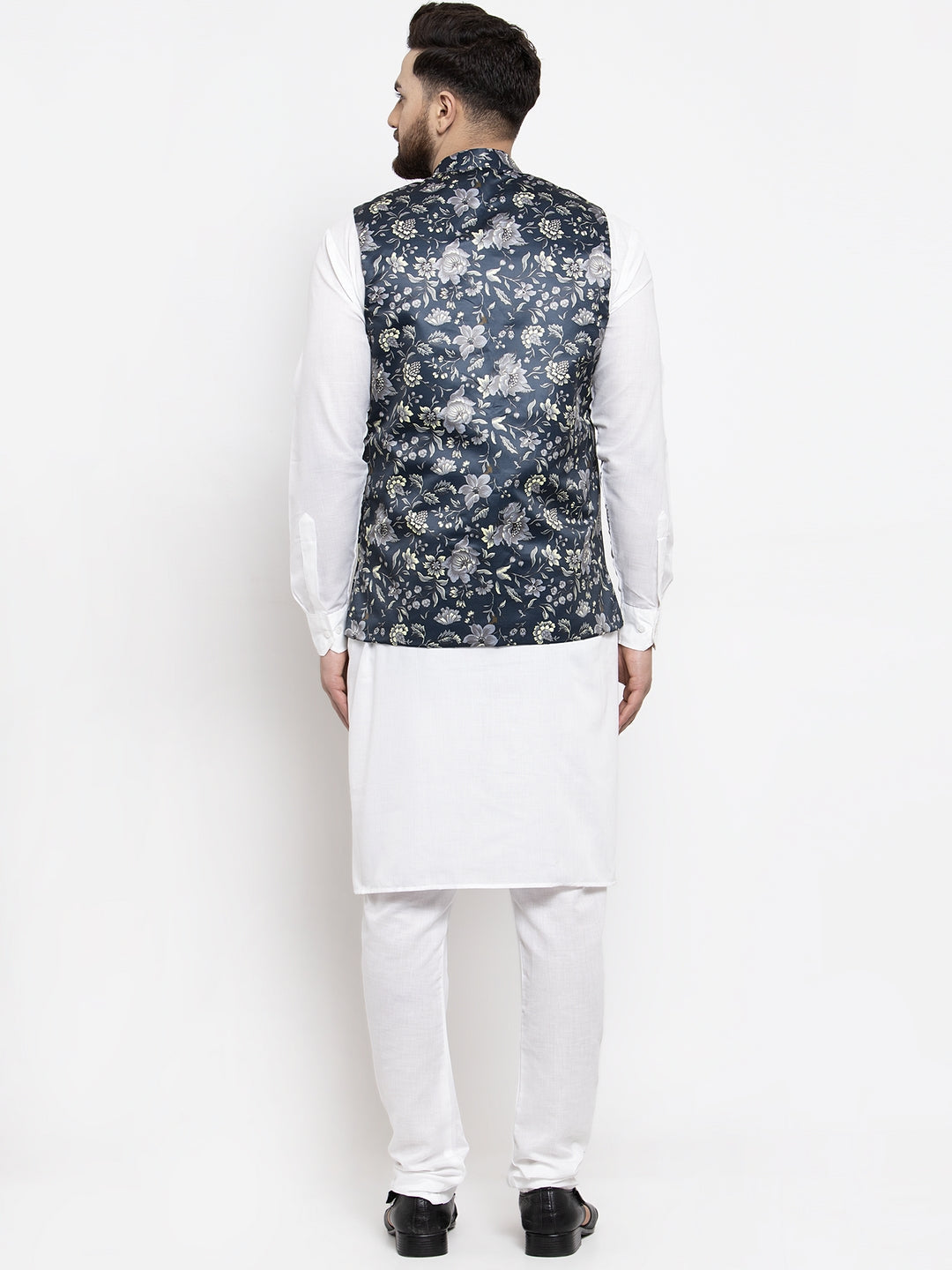 Jompers Men's Solid Cotton Kurta Pajama with Printed Waistcoat (Navy-W) | Grocsy