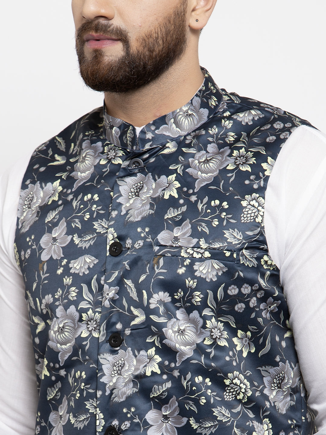 Jompers Men's Solid Cotton Kurta Pajama with Printed Waistcoat (Navy-W) | Grocsy