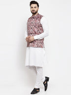 Jompers Men's Solid Cotton Kurta Pajama with Printed Waistcoat (Pink-W) | Grocsy