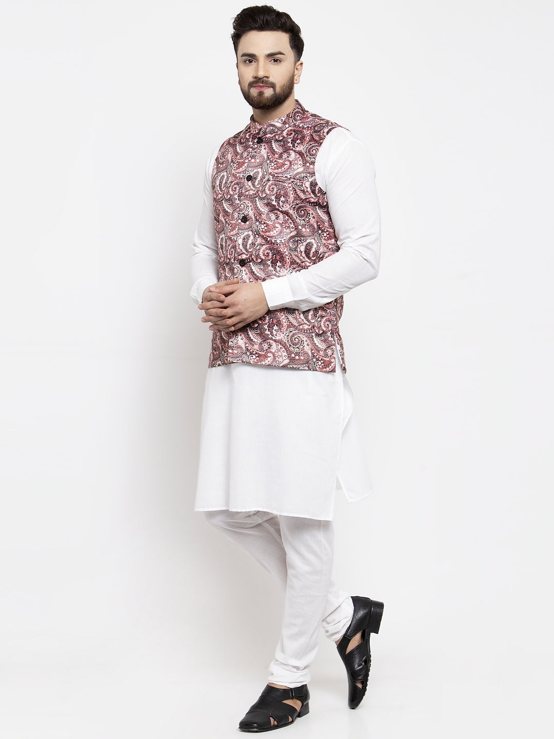 Jompers Men's Solid Cotton Kurta Pajama with Printed Waistcoat (Pink-W) | Grocsy