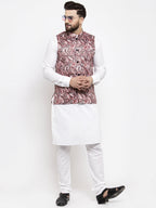 Jompers Men's Solid Cotton Kurta Pajama with Printed Waistcoat (Pink-W) | Grocsy