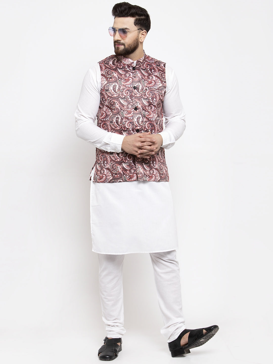 Jompers Men's Solid Cotton Kurta Pajama with Printed Waistcoat (Pink-W) | Grocsy