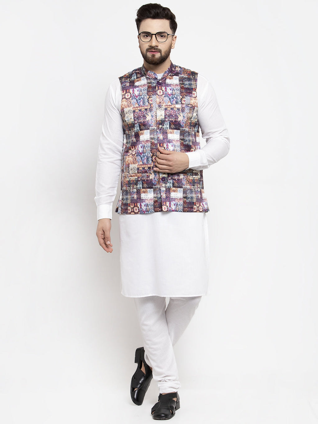 Jompers Men's Solid Cotton Kurta Pajama with Printed Waistcoat (Purple-W) | Grocsy
