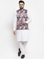 Jompers Men's Solid Cotton Kurta Pajama with Printed Waistcoat (Purple-W) | Grocsy