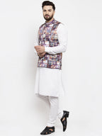 Jompers Men's Solid Cotton Kurta Pajama with Printed Waistcoat (Purple-W) | Grocsy