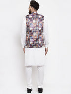 Jompers Men's Solid Cotton Kurta Pajama with Printed Waistcoat (Purple-W) | Grocsy