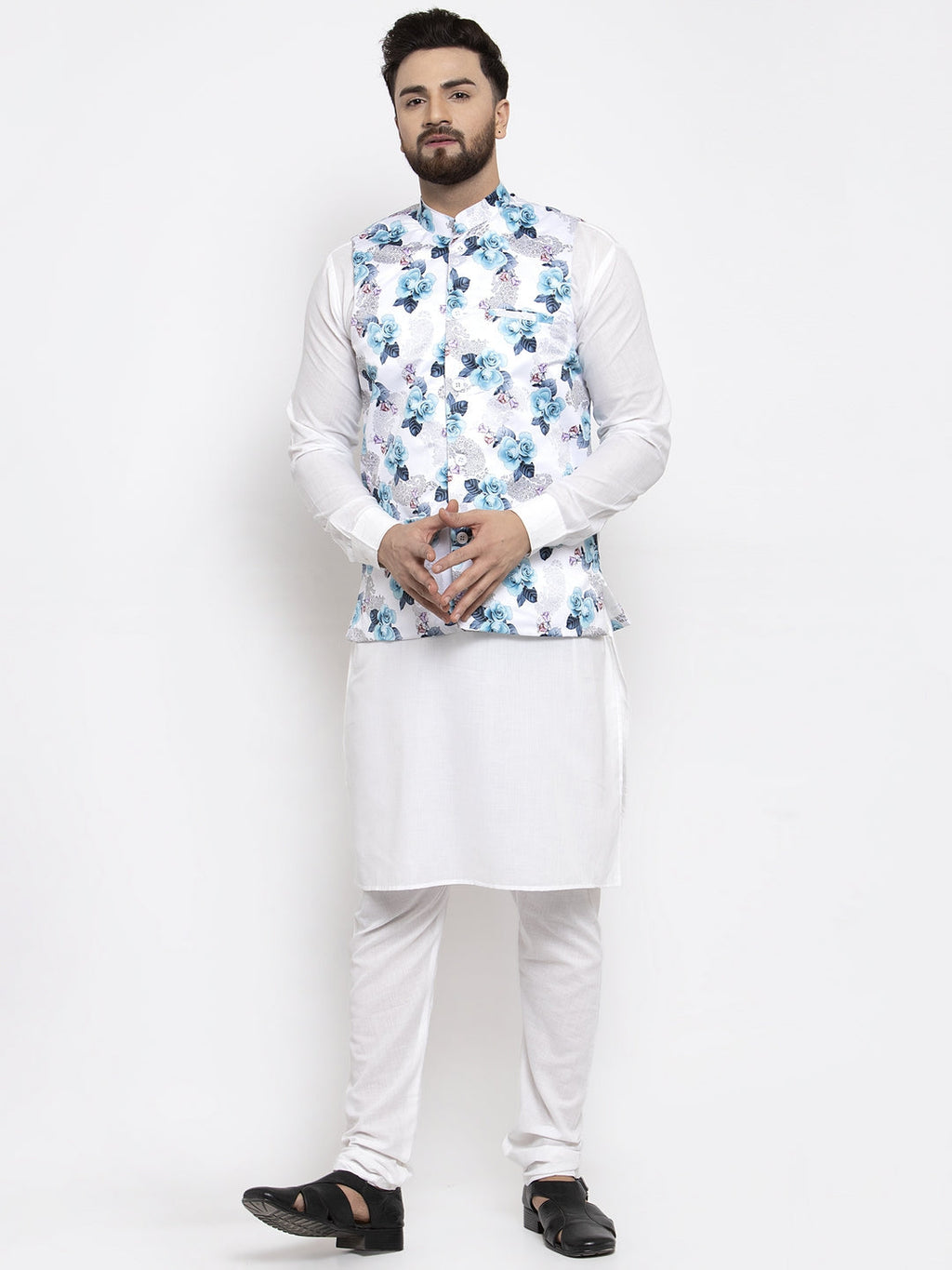 Jompers Men's Solid Cotton Kurta Pajama with Printed Waistcoat (Silver-W) | Grocsy