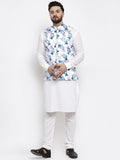Jompers Men's Solid Cotton Kurta Pajama with Printed Waistcoat (Silver-W) | Grocsy
