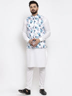 Jompers Men's Solid Cotton Kurta Pajama with Printed Waistcoat (Silver-W) | Grocsy