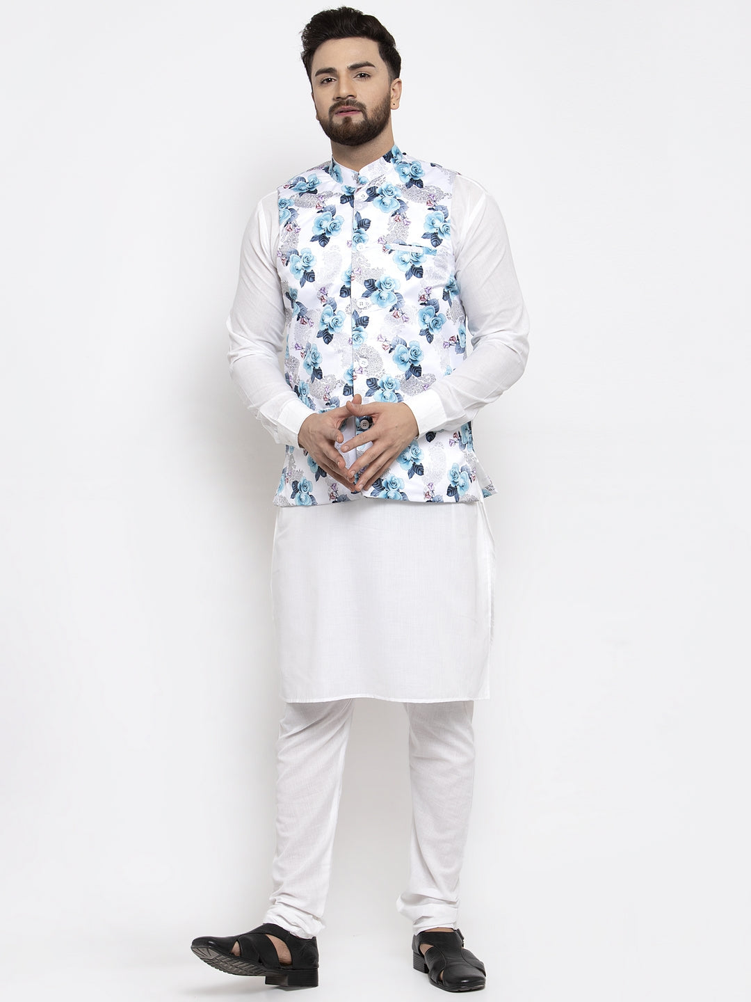 Jompers Men's Solid Cotton Kurta Pajama with Printed Waistcoat (Silver-W) | Grocsy