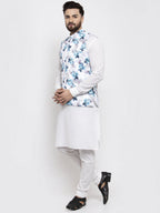 Jompers Men's Solid Cotton Kurta Pajama with Printed Waistcoat (Silver-W) | Grocsy
