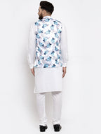 Jompers Men's Solid Cotton Kurta Pajama with Printed Waistcoat (Silver-W) | Grocsy
