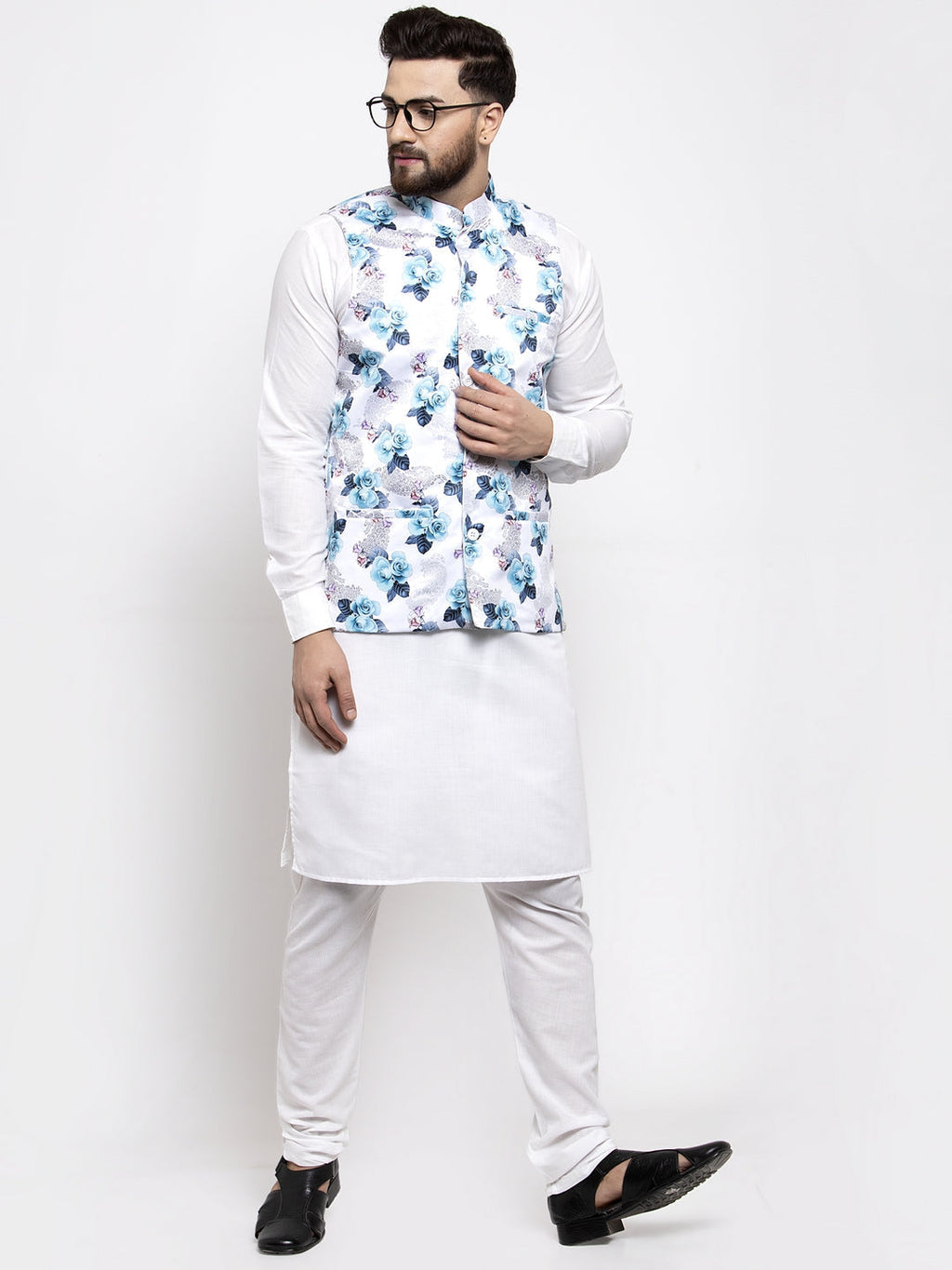 Jompers Men's Solid Cotton Kurta Pajama with Printed Waistcoat (Silver-W) | Grocsy