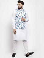 Jompers Men's Solid Cotton Kurta Pajama with Printed Waistcoat (Silver-W) | Grocsy