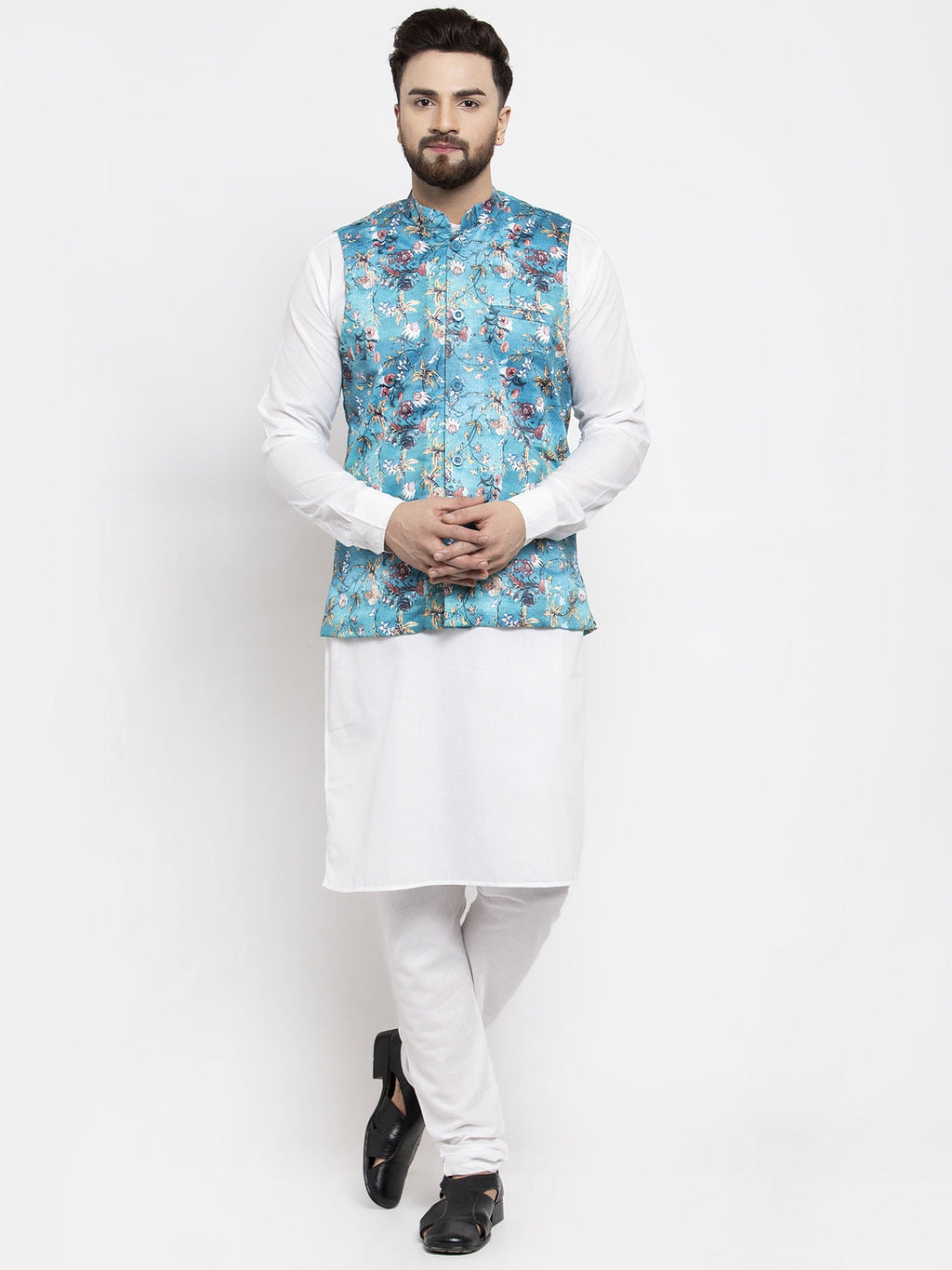 Jompers Men's Solid Cotton Kurta Pajama with Printed Waistcoat (Sky-W) | Grocsy