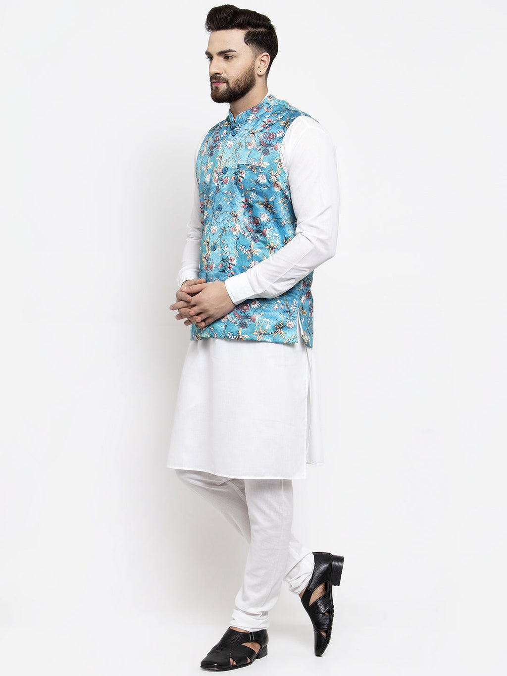 Jompers Men's Solid Cotton Kurta Pajama with Printed Waistcoat (Sky-W) | Grocsy
