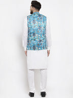 Jompers Men's Solid Cotton Kurta Pajama with Printed Waistcoat (Sky-W) | Grocsy
