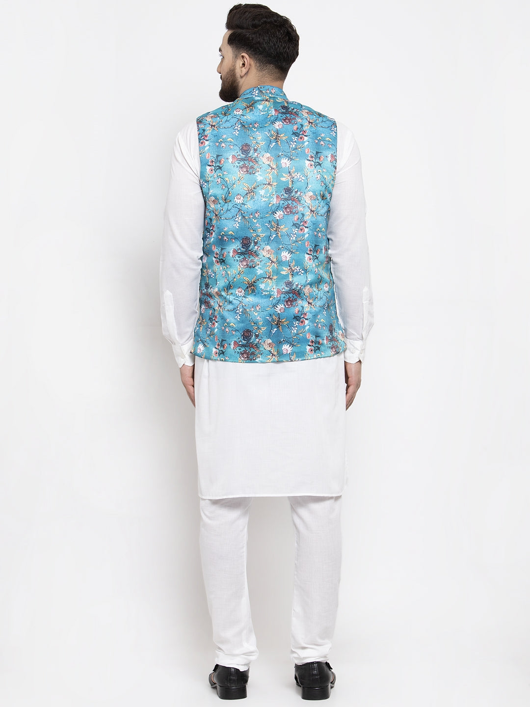 Jompers Men's Solid Cotton Kurta Pajama with Printed Waistcoat (Sky-W) | Grocsy