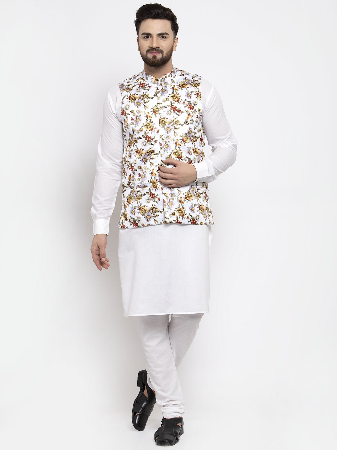Jompers Men's Solid Cotton Kurta Pajama with Printed Waistcoat (White-W) | Grocsy