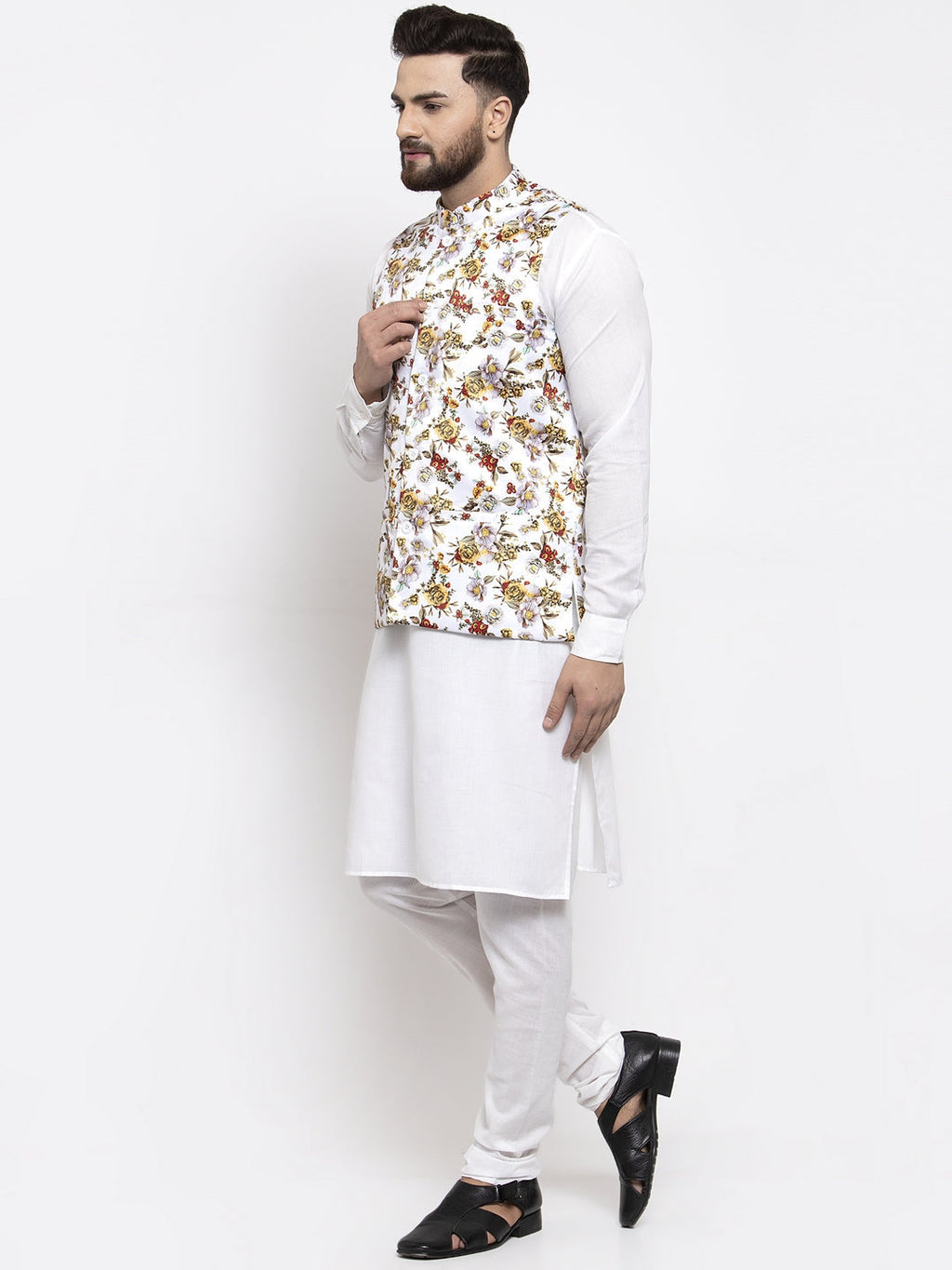 Jompers Men's Solid Cotton Kurta Pajama with Printed Waistcoat (White-W) | Grocsy