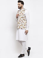 Jompers Men's Solid Cotton Kurta Pajama with Printed Waistcoat (White-W) | Grocsy