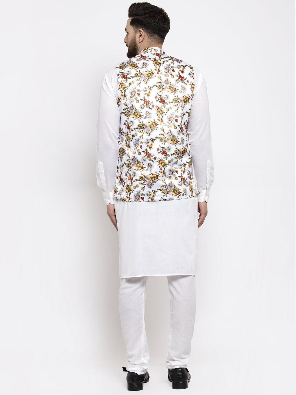 Jompers Men's Solid Cotton Kurta Pajama with Printed Waistcoat (White-W) | Grocsy