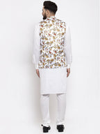Jompers Men's Solid Cotton Kurta Pajama with Printed Waistcoat (White-W) | Grocsy