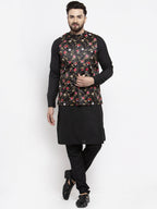 Jompers Men's Solid Cotton Kurta Pajama with Printed Waistcoat (Black-B) | Grocsy