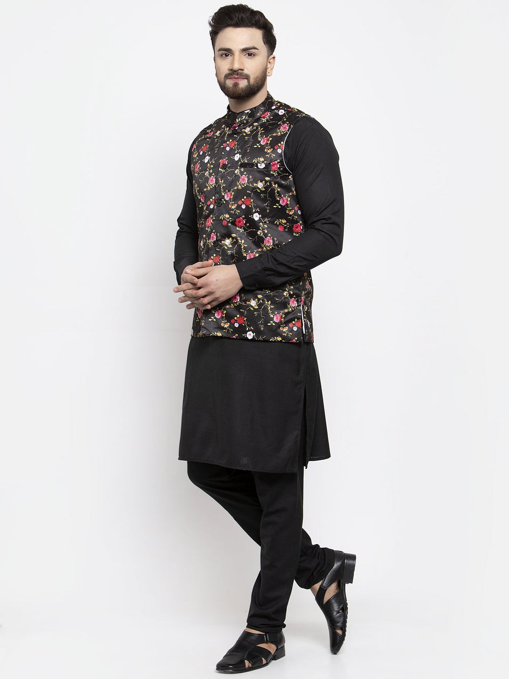 Jompers Men's Solid Cotton Kurta Pajama with Printed Waistcoat (Black-B) | Grocsy