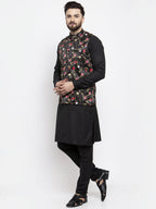 Jompers Men's Solid Cotton Kurta Pajama with Printed Waistcoat (Black-B) | Grocsy