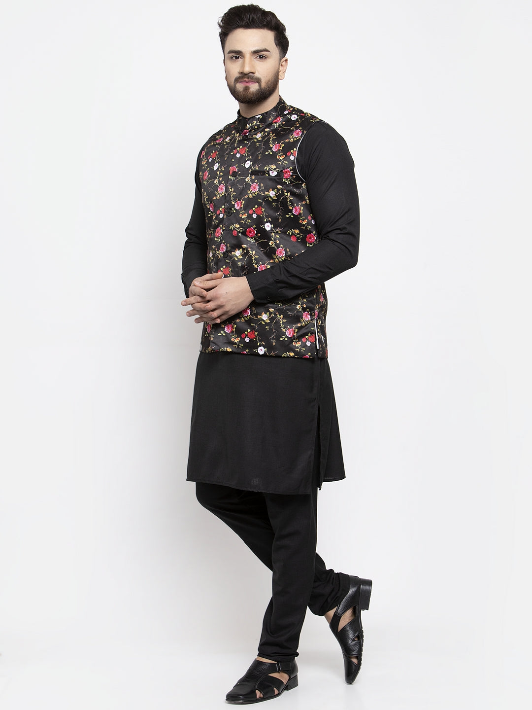 Jompers Men's Solid Cotton Kurta Pajama with Printed Waistcoat (Black-B) | Grocsy
