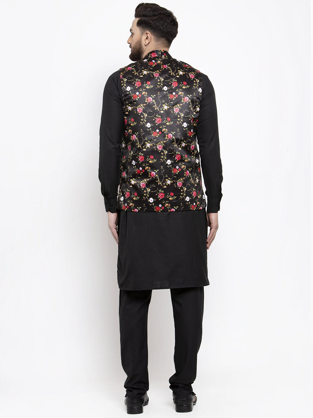 Jompers Men's Solid Cotton Kurta Pajama with Printed Waistcoat (Black-B) | Grocsy