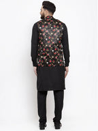 Jompers Men's Solid Cotton Kurta Pajama with Printed Waistcoat (Black-B) | Grocsy