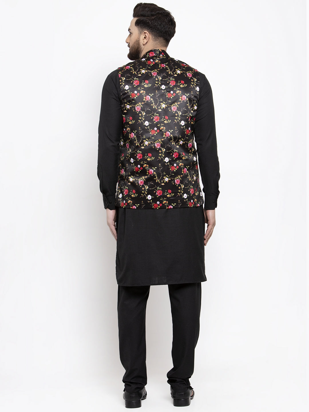 Jompers Men's Solid Cotton Kurta Pajama with Printed Waistcoat (Black-B) | Grocsy